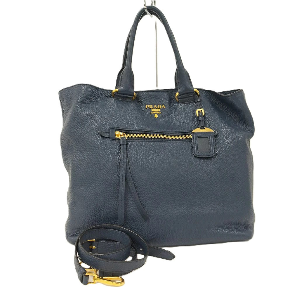 Prada Vitello Daino Front Pocket Tote calf leather Navy Blue